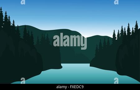 Landschaft, Bäume, Fluss-Silhouette Stock Vektor