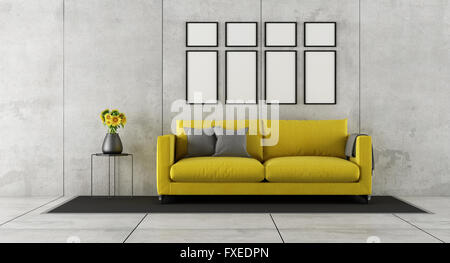 Beton Wohn-Esszimmer mit gelben Couch und leeren Rahmen Wand - 3d Rendering Stockfoto