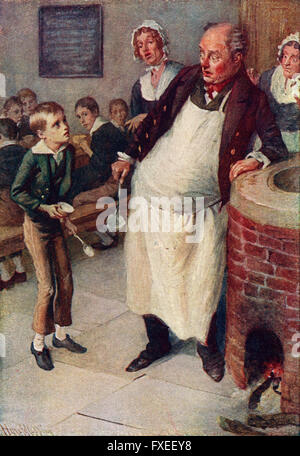 Oliver Twist bittet um mehr. Illustration von Harold Copping. Stockfoto