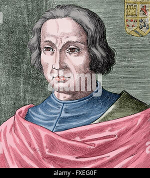 Christopher Columbus (1450-1506). Der Entdecker Amerikas im Jahr 1492. Gravur. Farbe. Stockfoto