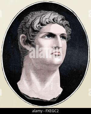 Nero (37 n. Chr. - 68 n. Chr.). 5. Kaiser des römischen Reiches. Julio-Claudian Dynastie. Gravur. Farbe. Stockfoto
