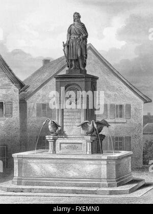 Statue in Wolframs-Eschenbach, Wolfram von Eschenbach, c. 1170 - c. 1220, ein deutscher Ritter und Dichter, Denkmal in Wolframs-Eschenba Stockfoto