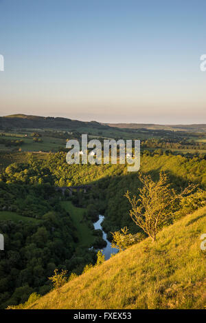 Blick auf Monsal Kopf, dem Viadukt und der Fluss Wye im Peak District, Derbyshire. Einem angenehmen Sommerabend. Stockfoto