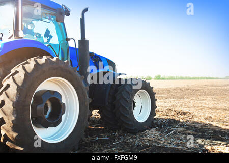 Blaue Traktor in einem Feld auf einem sonnigen Tag Stockfoto