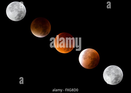 Phasen der Mondfinsternis Blutmond und Super Mond, Mondfinsternis am 28.09.2015, Konstanz, Baden-Württemberg, Deutschland Stockfoto