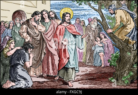 Jesus und der Chef Zöllner am Jerico. Zachäus. Neuen Testaments. Gravur. Farbe. Stockfoto