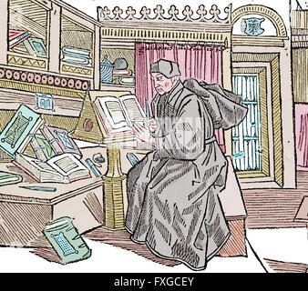 Ein Mönch Schreiber schreiben an seinem Schreibtisch, von Handschriften ...