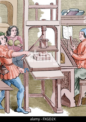 Druckmaschine. 15. Jahrhundert.  Gravur. Farbe. Stockfoto