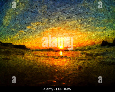 Meer Sonnenaufgang oder Sonnenuntergang, Wolken und Wellen des Meeres, Impressionismus Ölgemälde, Pinsel, schöne Aussicht Landschaft zeichnen, Stockfoto