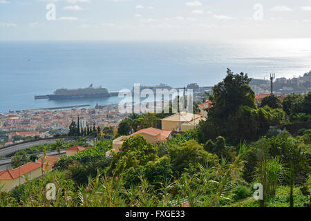 Blick auf Funchal und den Hafen mit Kreuzfahrtschiffen zum Atlantischen Ozean von Monte. Madeira, Portugal Stockfoto