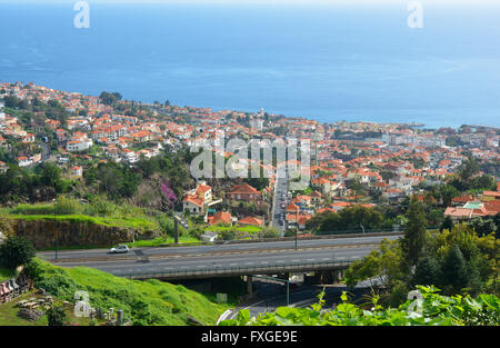 Blick über Funchal zum Atlantischen Ozean von Monte. Madeira, Portugal Stockfoto