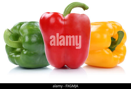 Rote gelbe grüne Paprika Paprika Paprika Paprika Gemüse isoliert auf weißem Hintergrund Stockfoto