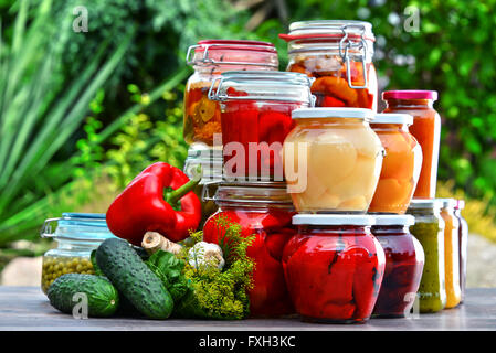 Gläser mit eingelegtem Gemüse und Obst im Garten. Marinierte Lebensmittel. Stockfoto