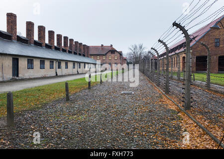 Die wichtigsten Straßen und Perimeter Stacheldrahtzaun in Auschwitz i Konzentrationslager in der Nähe von Krakau, Polen Stockfoto