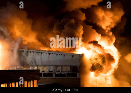 Feuerwehr in Angriff nehmen einem tobenden Feuer an Glyn Derw High School in Cardiff. Feuerwehr behauptete, dass das Feuer Brandstiftung war. Stockfoto