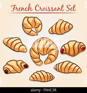 Satz von acht französischen Croissants. Abbildung im Karton-Stil. Kostenlose Schriftart verwendet. Stock Vektor