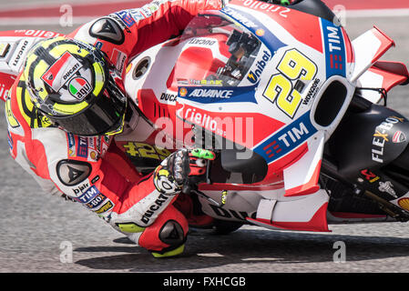 Andrea Iannone von Ducati auf dem Weg zum 3. Platz in der 2016 Red Bull Grand Prix Amerikas am Circuit of the Americas. Stockfoto