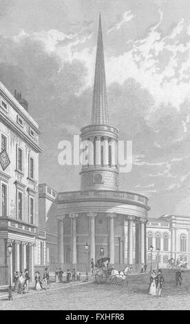 LONDON: All Souls Church, Langham Place, antique print 1827 Stockfoto