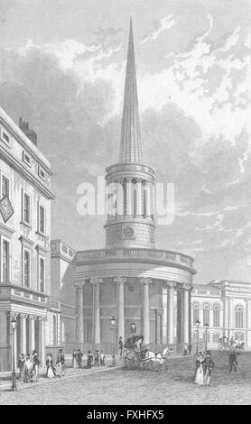 LONDON: All Souls Church, Langham Place, antique print 1827 Stockfoto