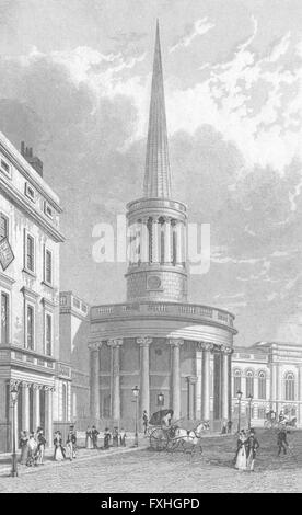 LONDON: All Souls Church, Langham Place, antique print 1827 Stockfoto