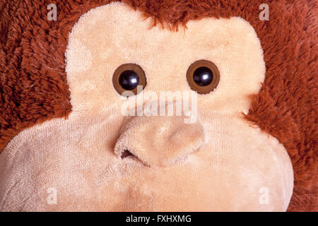 Nahaufnahme von Augen und Nase und Texturen von Spielzeug Affe Stockfoto