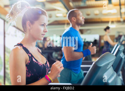 Fokussiert auf Laufband im Fitnessstudio Frau Stockfoto