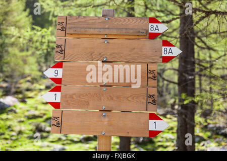 Wegweiser aus Holz (leer) in den Bergen zum Schreiben Stockfoto