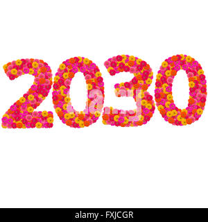 Zahlen 2030 machte Zinnien Blumen Stockfoto