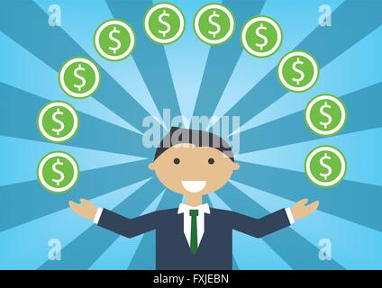 Erfolgreiche weiße Geschäftsmann, Umgang mit Geld und Haushalt. Vektor-Illustration der Zeichentrickfigur Dollar jonglieren Stock Vektor