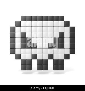 Pixelig 8-Bit-Schädel-Symbol. Ansicht von vorne. 3D-Render Abbildung isoliert auf weißem Hintergrund Stockfoto