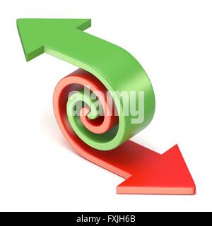 Grüne und rote Spirale Pfeil. 3D-Render Abbildung isoliert auf weißem Hintergrund Stockfoto