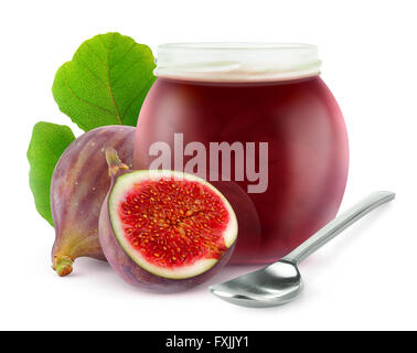 Isolierte Feigenmarmelade. Schneidet Fig Früchte und offenen Glas mit Marmelade, isoliert auf weißem Hintergrund mit Beschneidungspfad Stockfoto