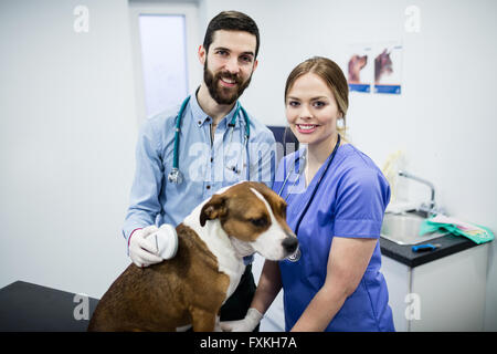 Porträt von Tierärzten untersucht Hund Stockfoto