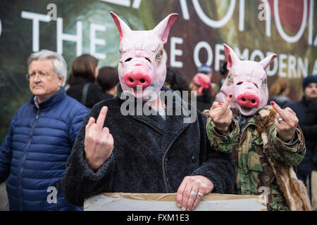 London, UK. 16. April 2016. Zwei gegen Sparpolitik Demonstranten tragen Schweinskopf Masken angehobenen machen finger Gesten nach dem Marsch für Gesundheit, Immobilien, Jobs und Ausbildung organisiert von der Volksversammlung. Bildnachweis: Mark Kerrison/Alamy Live-Nachrichten Stockfoto