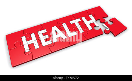 Gesunder Lebensstil-Konzept mit Gesundheit Zeichen und Wort auf einem roten Puzzle 3D Illustration isoliert auf weißem Hintergrund zu entwickeln. Stockfoto