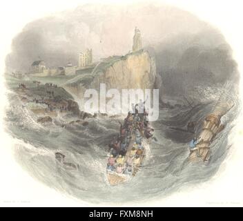 TYNEMOUTH: Priory & Leuchtturm, Rettungsboot: Finden, antiken print 1838 Stockfoto