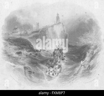 TYNEMOUTH: Priory & Leuchtturm Rettungsboot: Finden, antiken print 1842 Stockfoto