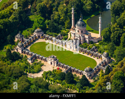 Luftaufnahme, rote Moschee im türkischen Garten, Schwetzingen Schloss mit Schlossgarten, Baden-Württemberg, Deutschland, Europa, Stockfoto