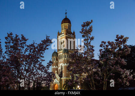 Die Kathedrale des Heiligen Johannes der Evangelist in der Dämmerung in der Innenstadt von Lafayette, Louisiana. Stockfoto