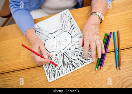 Ältere Frau, die ein Malbuch ausmalen Stockfoto