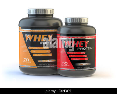 Wheyprotein isoliert auf weiss. Sport-Bodybuilding-Ergänzungen oder Ernährung. 3D illustration Stockfoto