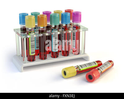 Blut Reagenzgläser. Blutproben in einem Rack isoliert auf weiss. 3D illustration Stockfoto