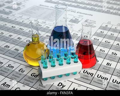 Wissenschaft-Chemie-Konzept. Reagenzgläser für Labor und Fläschchen mit farbigen Flüssigkeiten auf das Periodensystem der Elemente.  3D illustra Stockfoto