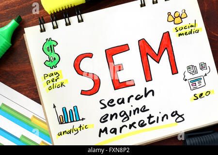 SEM in einem Notizbuch geschrieben. Business-Konzept. Stockfoto
