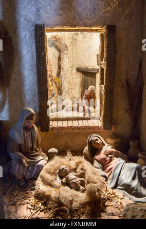 Badajoz, Spanien - 4. Januar 2013: Heilige Familie ruhen Sie sich nach der Geburt von Jesus. Diorama von lokalen Verein der Freunde des Cri gebaut Stockfoto