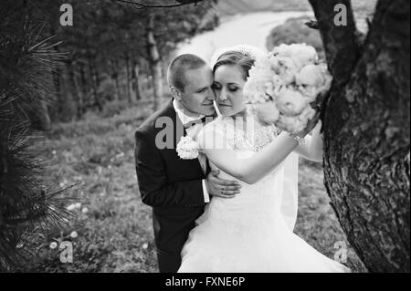 Extravagante Hochzeitspaar umarmen in der Nähe von Kiefer, b&w Foto Stockfoto