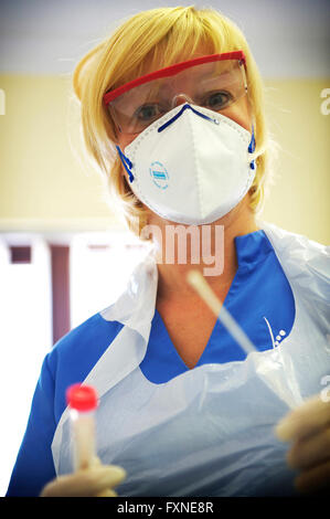 UK-Krankenschwester mit schützenden Schweinegrippe Masken und Schutzbrillen einen Abstrich auf eine Schweinegrippe-Patienten durchführen Stockfoto