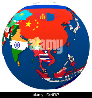 Politische Karte von Südost-Asien mit jedem Land vertreten durch ihre nationale Flagge. 3D Illustration isoliert auf weißem Hintergrund Stockfoto