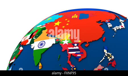 Politische Karte von Asien mit jedem Land vertreten durch ihre nationale Flagge. 3D Illustration. Stockfoto