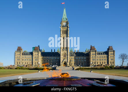 Kanadische Parlamentsgebäude in Ottawa: Center Block, Peace Tower und Centennial Flame Stockfoto